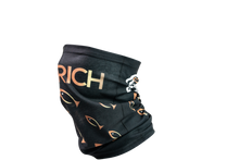 Load image into Gallery viewer, Side view of black gaiter mask showing front and back having large logo over nose and large fish from logo pointing towards it
