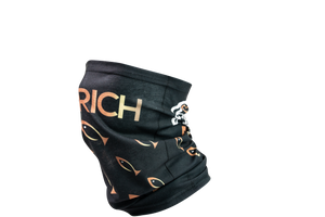 Side view of black gaiter mask showing front and back having large logo over nose and large fish from logo pointing towards it