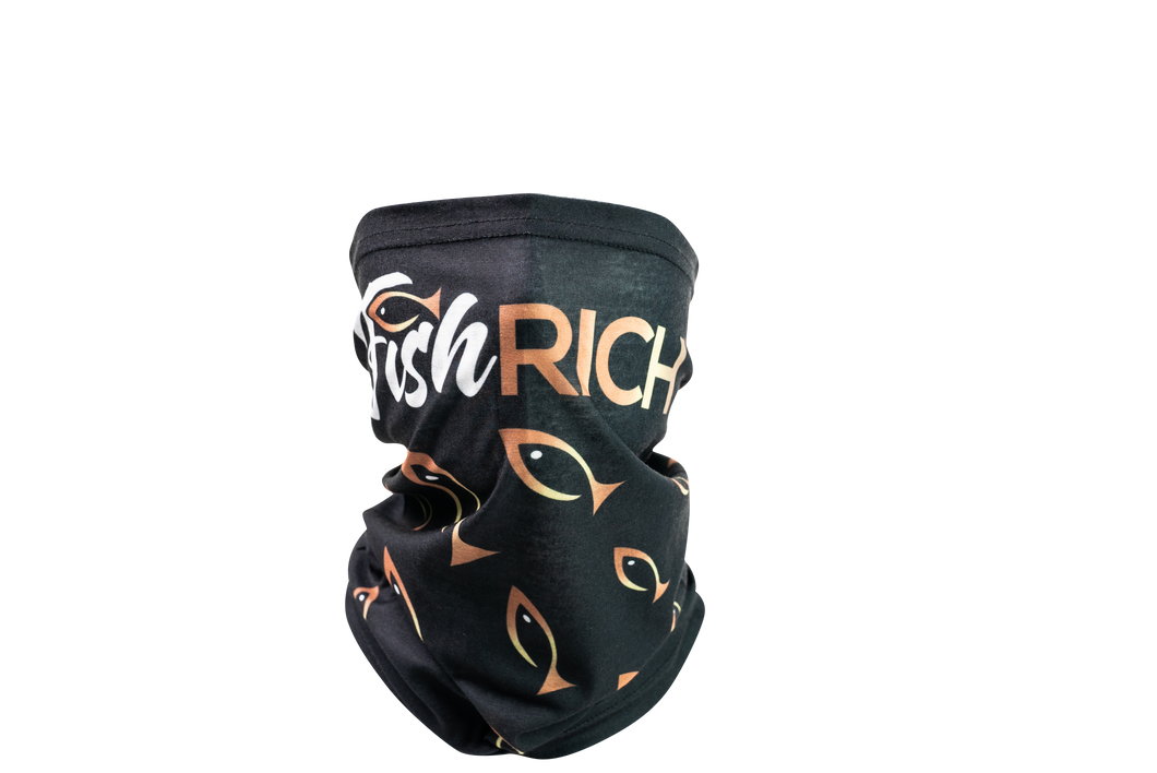 Front view of black gaiter mask with large logo over nose and large fish from logo pointing towards it