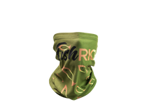 Load image into Gallery viewer, Front view of green gaiter mask with large logo over nose and large fish from logo pointing towards it
