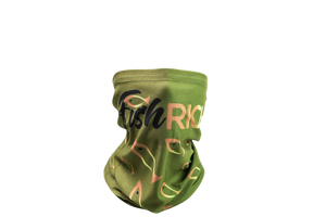 Front view of green gaiter mask with large logo over nose and large fish from logo pointing towards it