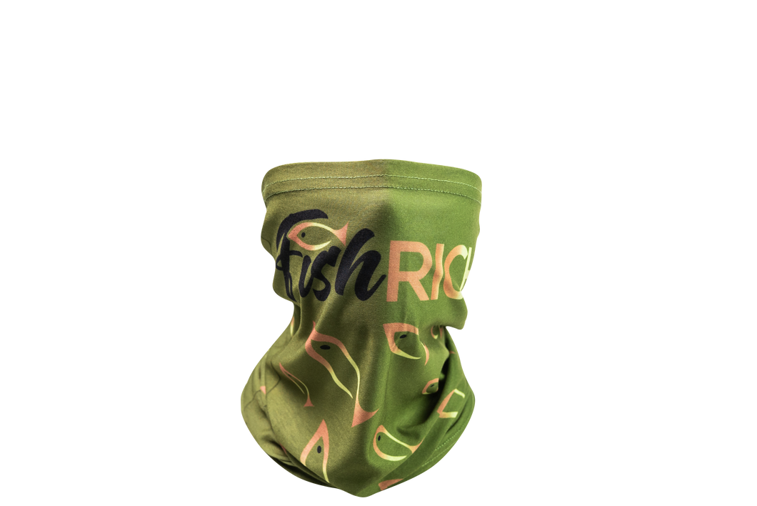Front view of green gaiter mask with large logo over nose and large fish from logo pointing towards it