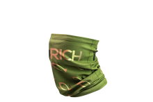 Load image into Gallery viewer, Side view of green gaiter mask showing large logo over nose and large fish from logo pointing towards it on both sides
