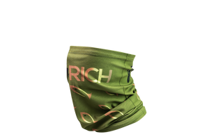 Side view of green gaiter mask showing large logo over nose and large fish from logo pointing towards it on both sides