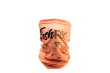 Load image into Gallery viewer, Front view of coral gaiter mask with large logo over nose and large fish from logo pointing towards it

