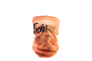 Front view of coral gaiter mask with large logo over nose and large fish from logo pointing towards it