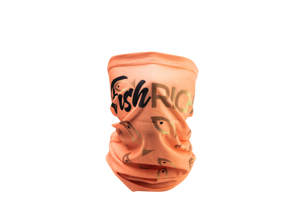 Front view of coral gaiter mask with large logo over nose and large fish from logo pointing towards it